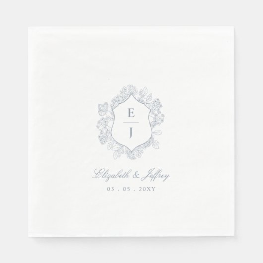 Dusty Blue Floral Crest Monogram Bruiloft Servet (Voorkant)