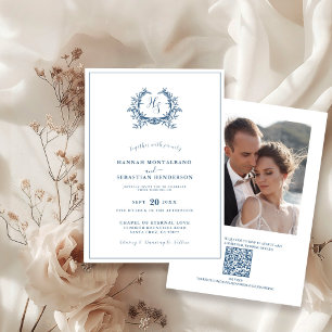 Dusty Blue Floral Crest QR Code Trouwfoto Kaart