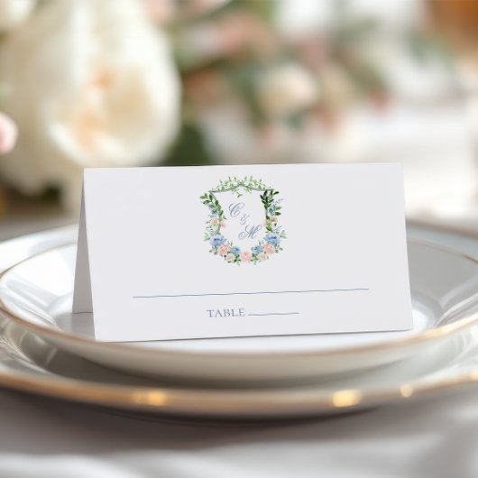Dusty Blue Floral Crest Wedding