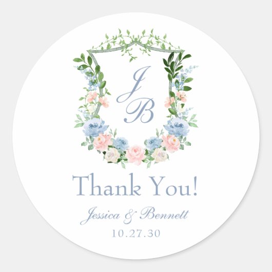 Dusty Blue Floral Crest Wedding Bedankt Ronde Sticker (Voorkant)