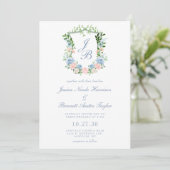 Dusty Blue Floral Crest Wedding Invitation Kaart (Staand voorkant)