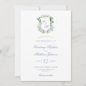 Dusty Blue Floral Crest Wedding Kaart (Voorkant)