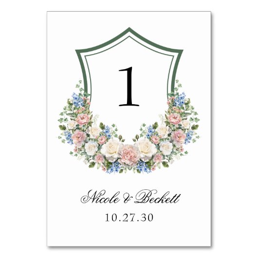 Dusty Blue Floral Crest Wedding Kaart (Voorkant)