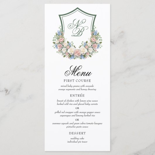Dusty Blue Floral Crest Wedding Menu (Voorkant)