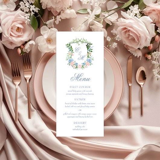 Dusty Blue Floral Crest Wedding Menu