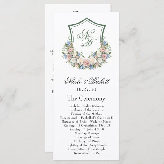 Dusty Blue Floral Crest Wedding Program Programma (Voorkant / Achterkant)