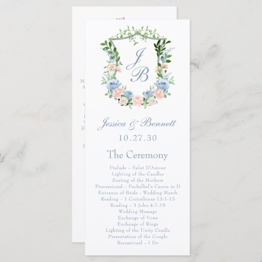 Dusty Blue Floral Crest Wedding Programma (Voorkant / Achterkant)
