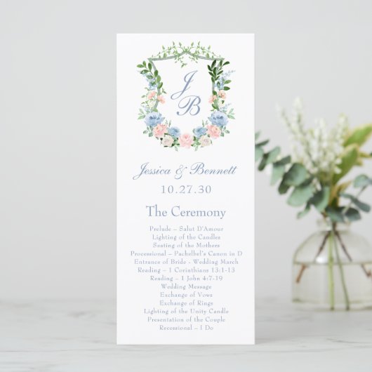 Dusty Blue Floral Crest Wedding Programma (Staand voorkant)