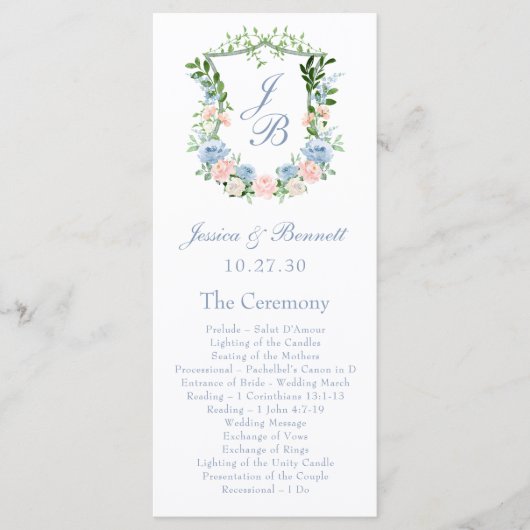 Dusty Blue Floral Crest Wedding Programma (Voorkant)