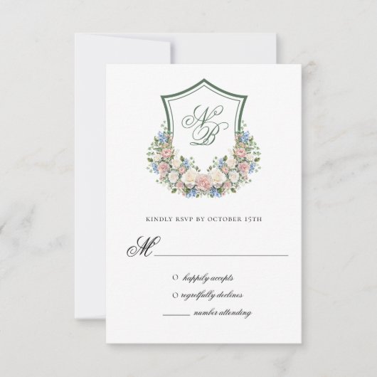 Dusty Blue Floral Crest Wedding Response Card RSVP Kaartje (Voorkant)