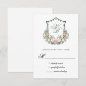 Dusty Blue Floral Crest Wedding Response Card RSVP Kaartje (Voorkant / Achterkant)