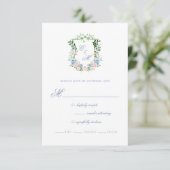 Dusty Blue Floral Crest Wedding RSVP Kaartje (Staand voorkant)