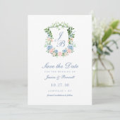 Dusty Blue Floral Crest Wedding Save the Date (Staand voorkant)