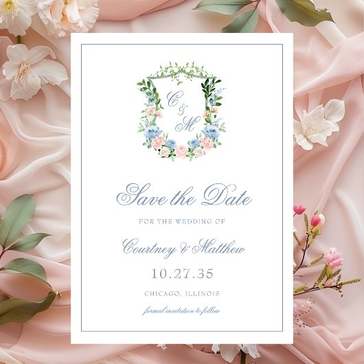Dusty Blue Floral Crest Wedding Save The Date