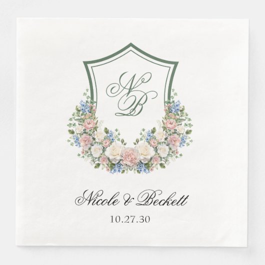 Dusty Blue Floral Crest Wedding Servet (Voorkant)