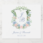 Dusty Blue Floral Crest Wedding Sparkling Wijnetiket (Enkel label)