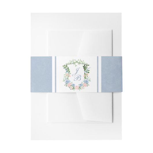 Dusty Blue Floral Crest Wedding Uitnodigingen Wikkel (Voorkant Voorbeeld)
