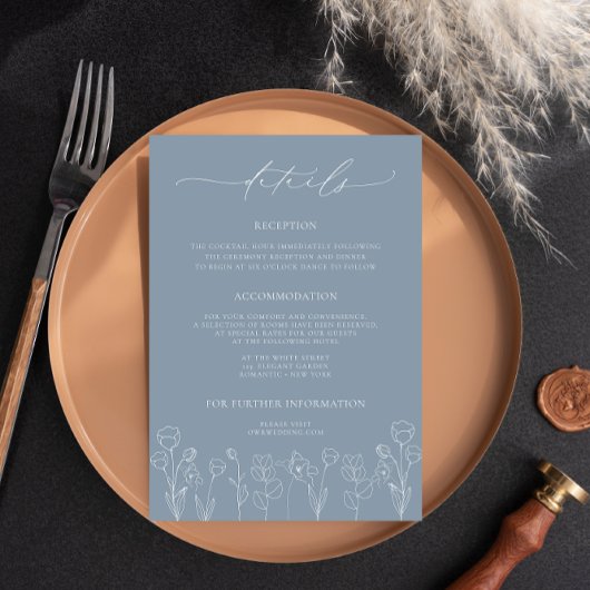 Dusty Blue Floral Détails du Mariage Carte de boît