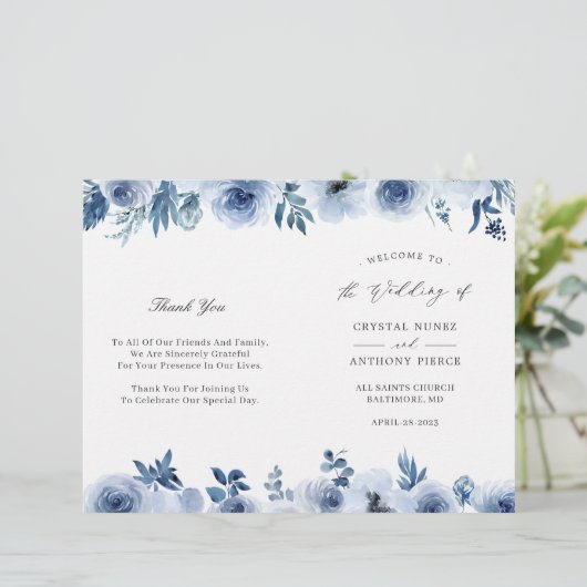 Dusty Blue Floral DIY Folded Wedding Programme (Staand voorkant)