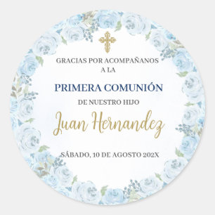 Dusty Blue Floral eerste communie uitnodiging Ronde Sticker