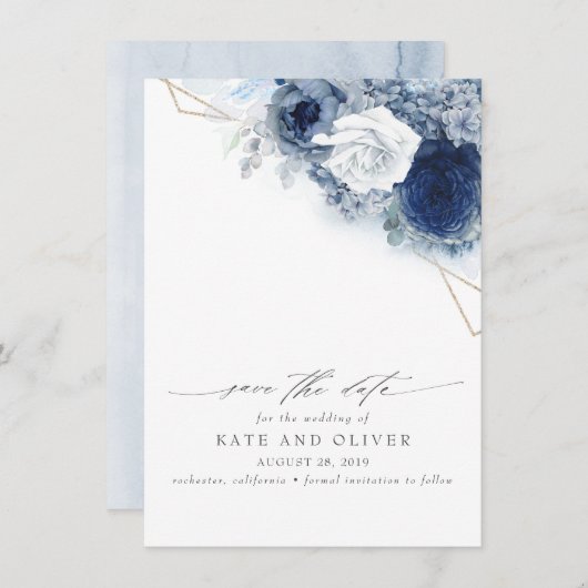 Dusty Blue Floral Elegant Botanical Save the Date Aankondiging (Voorkant / Achterkant)