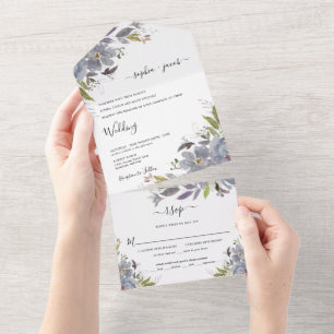 Dusty Blue Floral Elegant Garden Wedding All In One Uitnodiging
