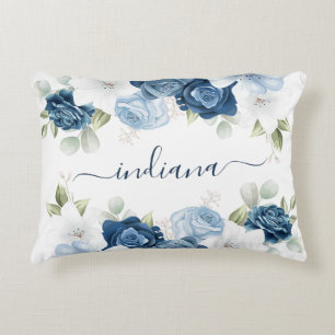 Dusty Blue Floral Elegant Script Monogram Accent Kussen