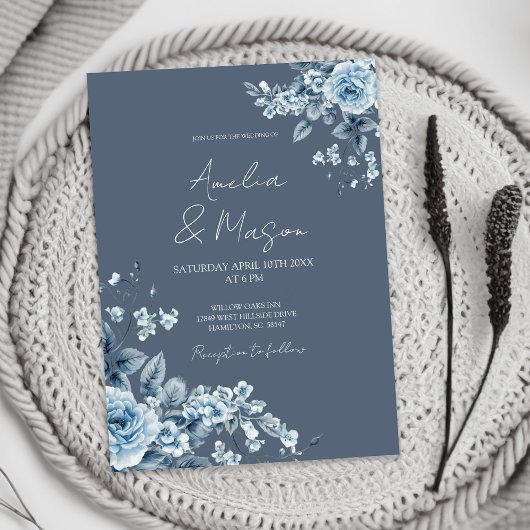Dusty Blue Floral Elegant Script Wedding Kaart
