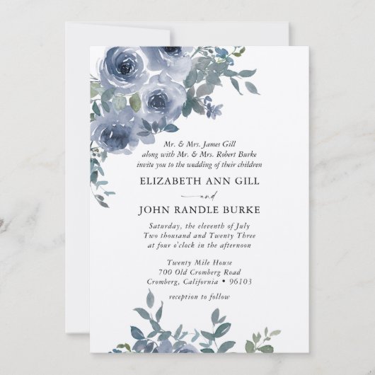 Dusty Blue Floral en Black Formele bruiloft uitnod Kaart (Voorkant)