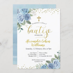 Dusty Blue Floral Espagnol Boy Bautizo Invitation