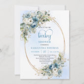 Dusty Blue Floral Eucalyptus Gold Script Baby Show Kaart (Voorkant)