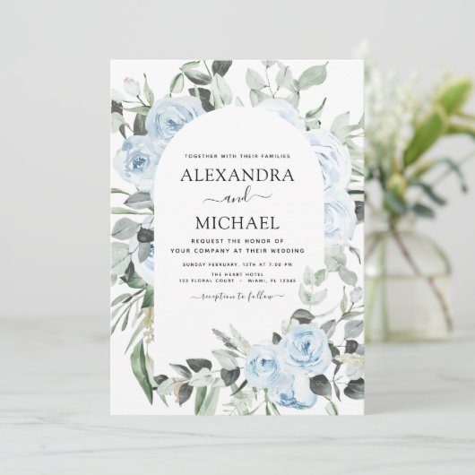 Dusty Blue Floral Eucalyptus Greenery Wedding Kaart (Staand voorkant)