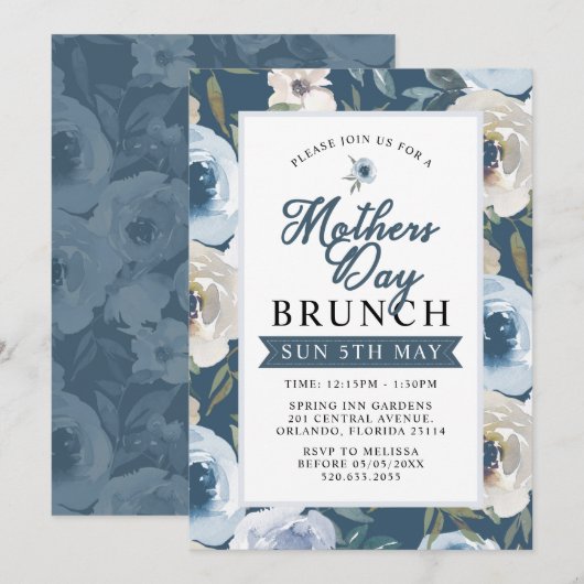 Dusty Blue Floral Fête des Mères Brunch Invitation (Devant / Derrière)