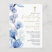 Dusty Blue Floral First Holy Communion Invitation (Devant)