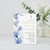 Dusty Blue Floral First Holy Communion Invitation (Debout devant)