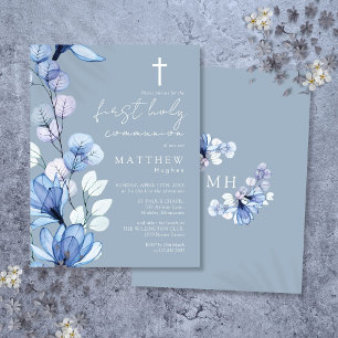 Dusty Blue Floral First Holy Communion Invitation
