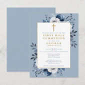 Dusty Blue Floral First Holy Communion Invitation (Devant / Derrière)