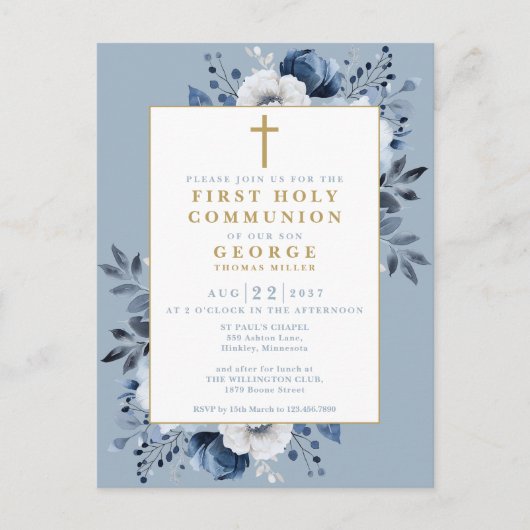 Dusty Blue Floral First Holy Communion Invitation (Devant)