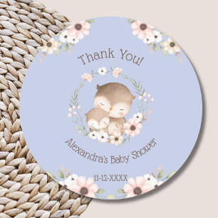 Dusty Blue Floral Forest Owl Baby shower Dank u Ronde Sticker