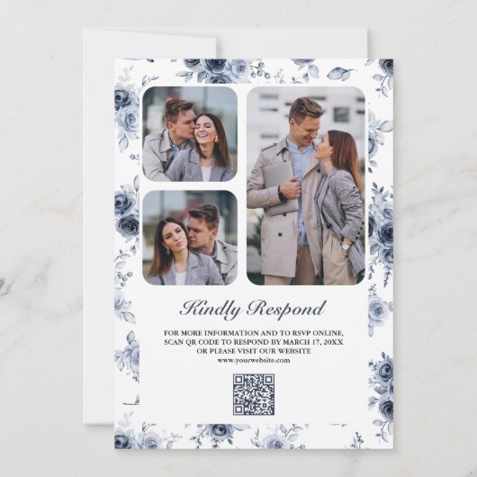Dusty Blue Floral Foto Collage QR Code Weddenschap Kaart (Achterkant)