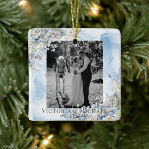 Dusty Blue Floral Foto Waterverf Wedding Keramisch Ornament