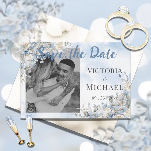 Dusty Blue Floral Foto Waterverf Wedding Save The Date