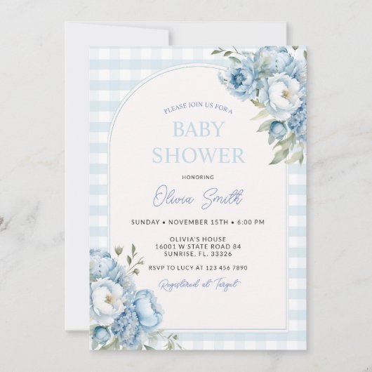 Dusty Blue Floral Gingham Baby shower Kaart (Voorkant)