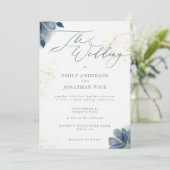 Dusty Blue Floral Gold Faire-part de mariage (Debout devant)