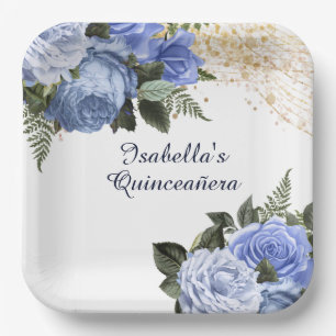 Dusty Blue Floral Gold Glitter Quinceañera Papieren Bordje