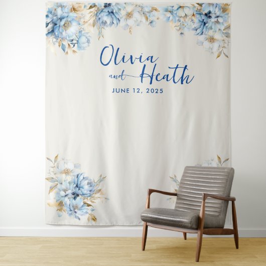 Dusty Blue Floral Gold Wandkleed (In situ)