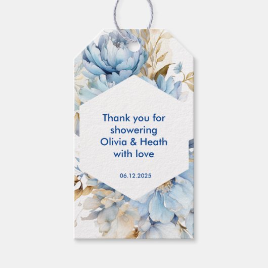 Dusty Blue Floral Gold Wedding Shower Cadeaulabel (Voorkant)