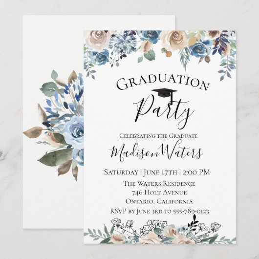 Dusty Blue Floral Gradual Party Invitation Kaart (Voorkant / Achterkant)