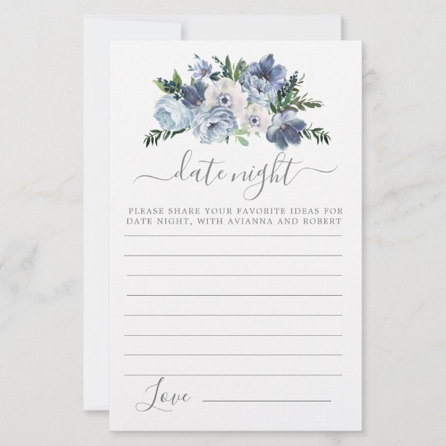 Dusty Blue Floral Greenery Date Night Kaart (Voorkant)