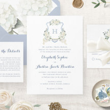Dusty Blue Floral Greenery Monogram Crest Wedding 